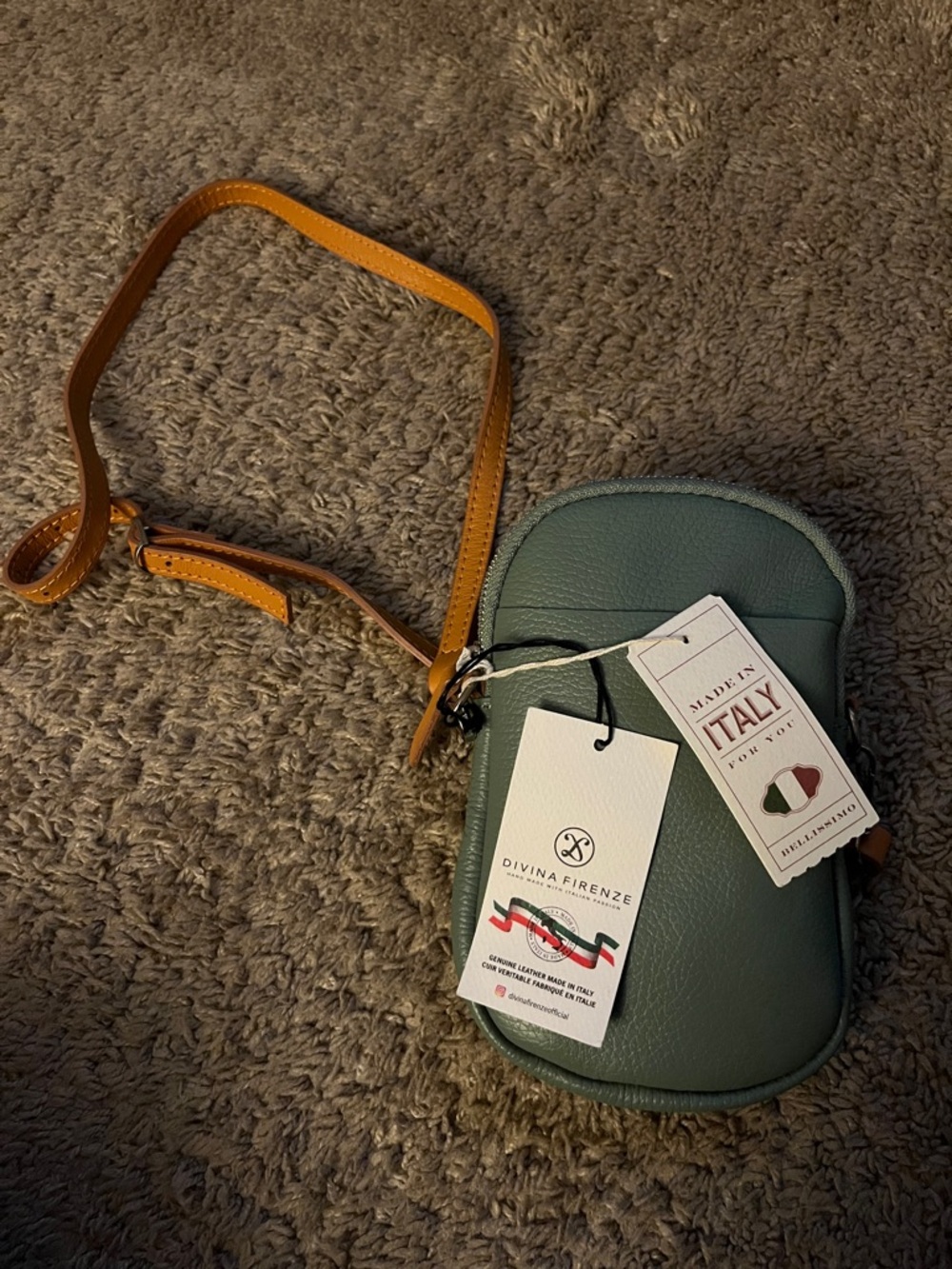 Divina Firenze Green Pebbled Leather Crossbody with Tan Strap
